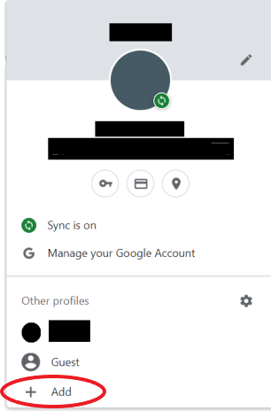 Chrome profile showing where to find 'Add' link to add a new account