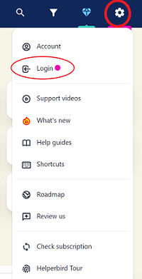 Helperbird settings cog and dropdown that shows login link