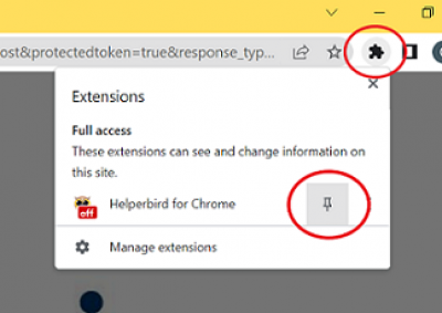 Showing puzzle icon in task bar, and where the pin button is in the extensions dropdown