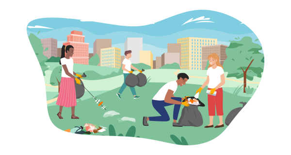 Illustration of a group of people volunteering by picking up rubbish in a park
