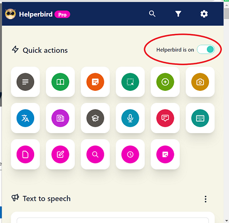 Helperbrid features dropdown showing the 'Helperbird is on/off' toggle button