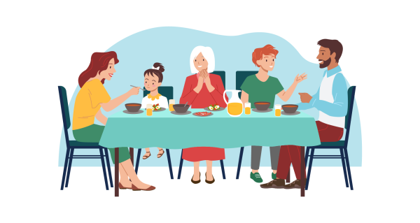 Illustration of a group of people of different ages at a table sharing a meal