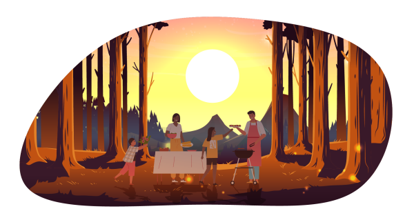 A family enjoying a picnic in a forest.