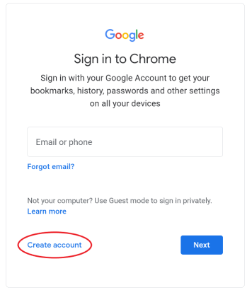 Chrome sign in screen showing 'Create account' link